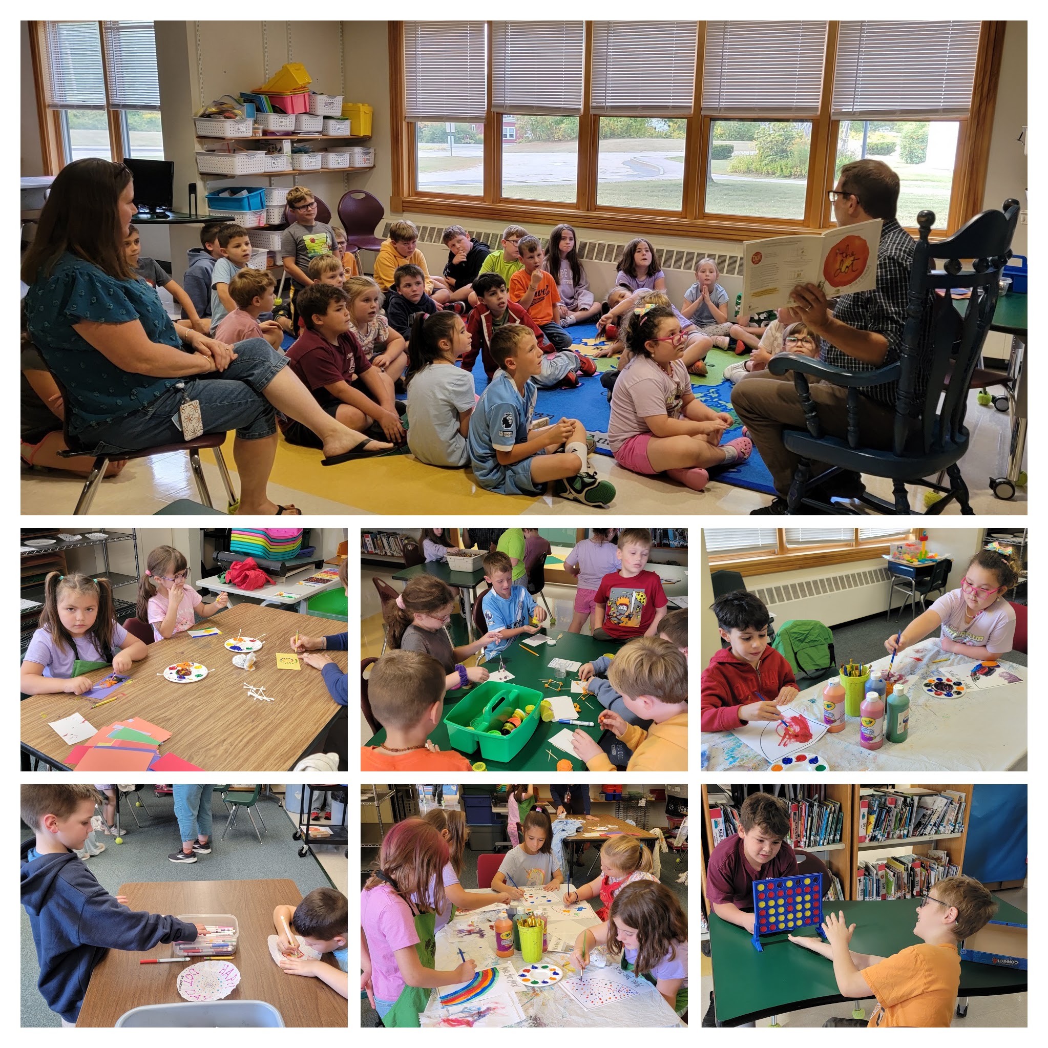 students listening to a book and doing arts and crafts